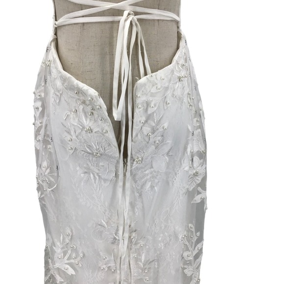 LULU'S SZ 8 Ivory Enchanting Eternity Pearl Lace-Up Backless Maxi Dress b67 flaw - Picture 6 of 11